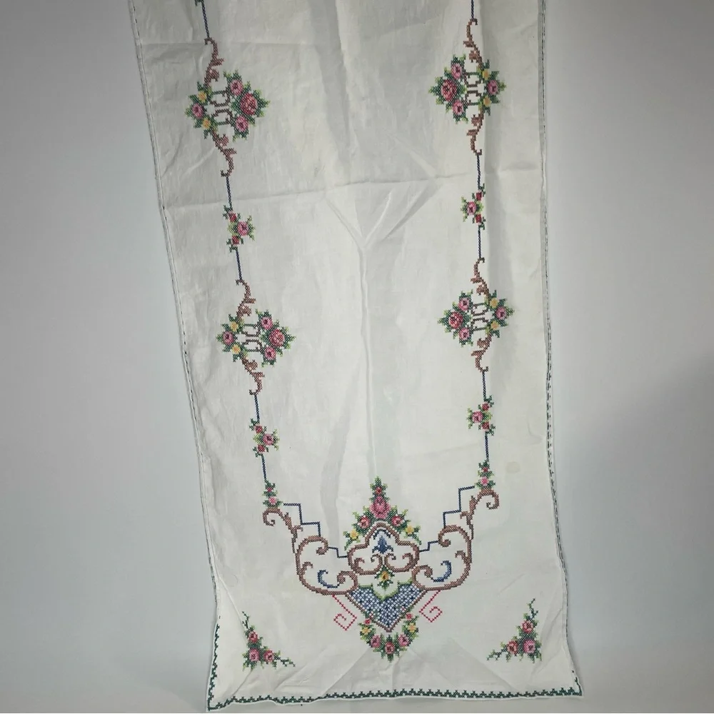 Vintage Table Runner Cross stitch Embroidery Easter Spring 41 X 15” READ